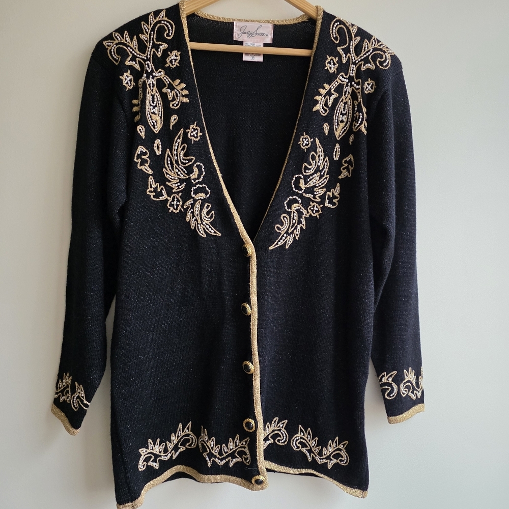 VTG Jaclyn‎ Smith Cardigan Medium Holiday NYE Embroidery Bead Black Statement
